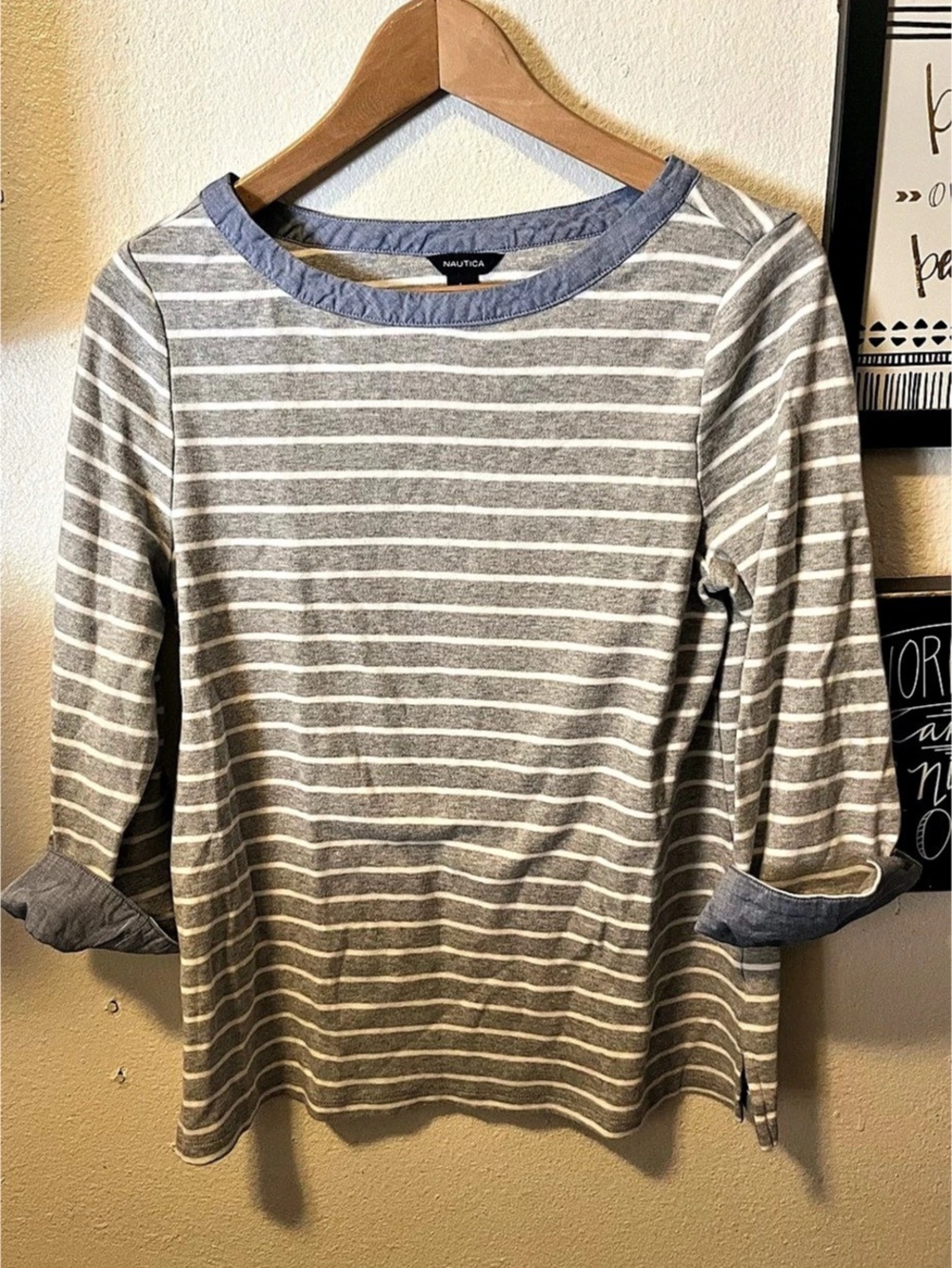 Nautica Striped Chambray Cuff Top Gray & White Large